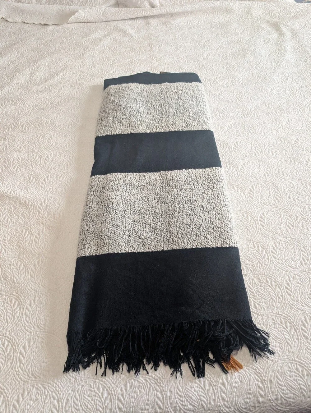 Anthropologie throw blanket wool blend black/ white / orange fringe 60x70 boho